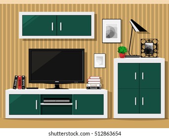 Stylish graphic living room interior design. Cool room set with modern furniture. Vector illustration.