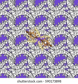 Stylish graphic pattern. Floral pattern. Golden elements on violet background. Wallpaper baroque, damask. Seamless vector background.