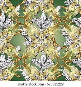 Stylish graphic pattern. Floral pattern. Golden elements on green background. Wallpaper baroque, damask. Seamless vector background.