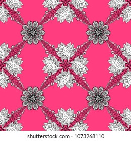 Stylish graphic pattern. Floral pattern. Seamless vector background. Colors elements on pink, white and black colors. Wallpaper baroque, damask.
