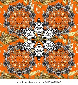 Stylish graphic pattern. Floral pattern. Wallpaper baroque, damask. Vector background. Golden elements on orange background.