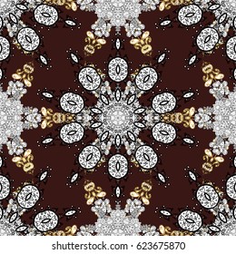 Stylish graphic pattern. Golden elements on brown background. Wallpaper baroque, damask. Floral pattern. Seamless vector background.