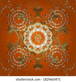 Stylish graphic pattern. Seamless vector background. Golden elements on orange and brown colors. Wallpaper baroque, damask. Floral pattern.