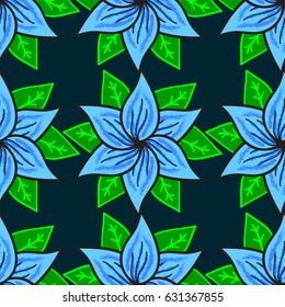 Stylish graphic pattern. Seamless vector background. Floral pattern. Wallpaper baroque, damask. Colorfulen elements on dark blue background.