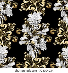 Stylish graphic pattern. Seamless vector background. Wallpaper baroque, damask. Golden elements on black, white and beige colors. Floral pattern.