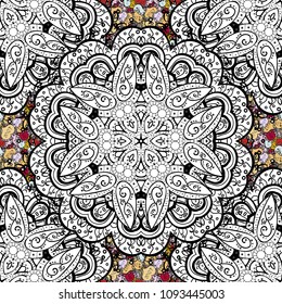 Stylish graphic pattern. Wallpaper baroque, damask. Seamless background. Floral pattern. Golden elements on blue, yellow and gray colors.