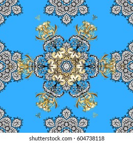Stylish graphic pattern. Wallpaper baroque, damask. Seamless vector background. Floral pattern. Golden elements on blue background.
