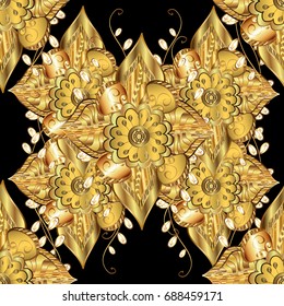 Stylish graphic pattern. Wallpaper baroque, damask. Seamless vector background. Floral pattern. Golden elements on black background.