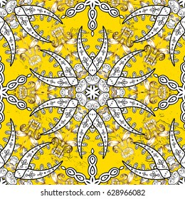 Stylish graphic pattern. White elements on yellow background. Wallpaper baroque, damask. Floral pattern. Vector background.