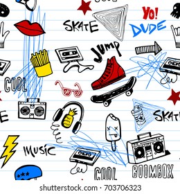 Stylish graphic seamless background in youth style of hipsters or emo teens doodles