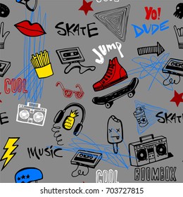 Stylish graphic seamless background in youth style of hipsters or emo teens doodles