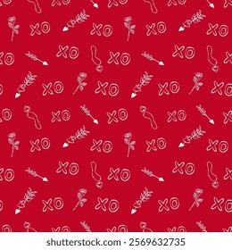 Stylish graphic seamless pattern with hand drawn Valentine elements. Red and white monochrome outline background for wrapping paper, fabrics, wallpapers, postcards.
