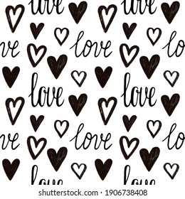 Stylish graphic seamless pattern with hearts. Black and white sketchy background for wrapping paper, fabrics, wallpapers, postcards and more.