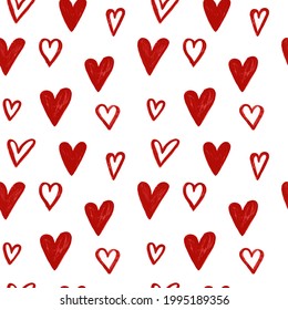 Stylish graphic seamless pattern with hearts. Red and white sketchy background for wrapping paper, fabrics, wallpapers, postcards and more.