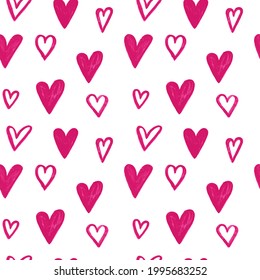 Stylish graphic seamless pattern with hearts. Pink and white sketchy background for wrapping paper, fabrics, wallpapers, postcards and more.