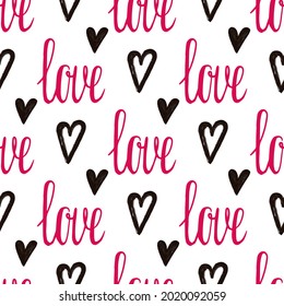 Diseño gráfico sin fisuras con corazones. Fondo esquemático negro y rosa para envolver papel, telas, papeles pintados, postales y más.