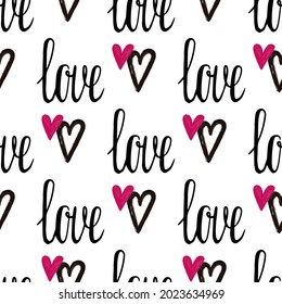 Stylish graphic seamless pattern with hearts. Black and pink sketchy background for wrapping paper, fabrics, wallpapers, postcards and more.