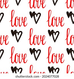 Diseño gráfico sin fisuras con corazones. Fondo esquemático negro y rojo para envolver papel, telas, papeles pintados, postales y más.