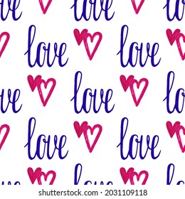 Diseño gráfico sin fisuras con corazones. Fondo esquemático azul y rosa para envolver papel, telas, papeles pintados, postales y más.