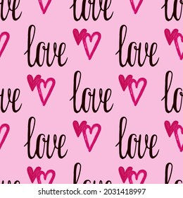 Stylish graphic seamless pattern with hearts. Pink sketchy background for wrapping paper, fabrics, wallpapers, postcards and more.