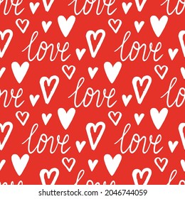 Stylish graphic seamless pattern with hearts. Red sketchy background for wrapping paper, fabrics, wallpapers, postcards and more.