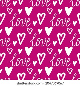 Stylish graphic seamless pattern with hearts. Pink sketchy background for wrapping paper, fabrics, wallpapers, postcards and more.