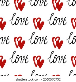 Diseño gráfico sin fisuras con corazones. Fondo esquemático negro y rojo para envolver papel, telas, papeles pintados, postales y más.