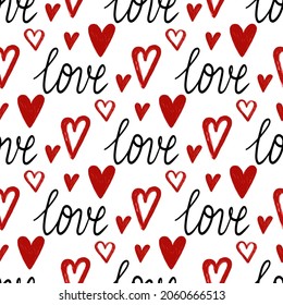 Stylish graphic seamless pattern with hearts. Black and red sketchy background for wrapping paper, fabrics, wallpapers, postcards and more.
