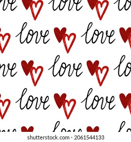 Stylish graphic seamless pattern with hearts. Black and red sketchy background for wrapping paper, fabrics, wallpapers, postcards and more.