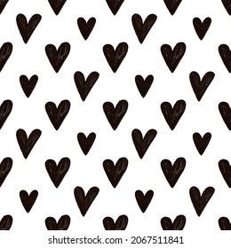 Stylish graphic seamless pattern with hearts. Black and white sketchy background for wrapping paper, fabrics, wallpapers, postcards and more.