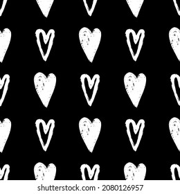 Stylish graphic seamless pattern with hearts. Black and white sketchy background for wrapping paper, fabrics, wallpapers, postcards and more.