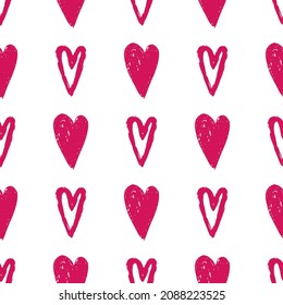 Stylish graphic seamless pattern with hearts. Red and white sketchy background for wrapping paper, fabrics, wallpapers, postcards and more.

