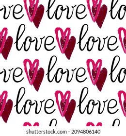 Diseño gráfico sin fisuras con corazones. Fondo esquemático rojo y blanco para envolver papel, telas, papeles pintados, postales y más.