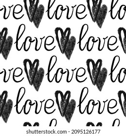 Stylish graphic seamless pattern with hearts. Black and white sketchy background for wrapping paper, fabrics, wallpapers, postcards and more.