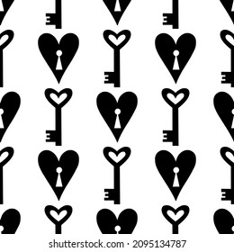Stylish graphic seamless pattern with hearts and key. Black and white sketchy background for wrapping paper, fabrics, wallpapers, postcards and more.