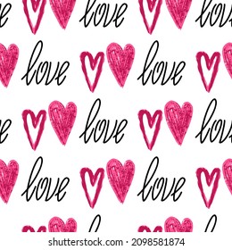 Stylish graphic seamless pattern with hearts. Red and white sketchy background for wrapping paper, fabrics, wallpapers, postcards and more.