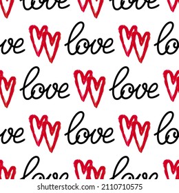 Stylish graphic seamless pattern with hearts and the inscriptions love