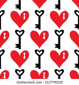 Stylish graphic seamless pattern with hearts and key. Black and red sketchy background for wrapping paper, fabrics, wallpapers, postcards and more.