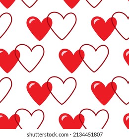 Diseño gráfico sin fisuras con corazones. Fondo esquemático rojo y blanco para envolver papel, telas, papeles pintados, postales y más.