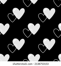 Diseño gráfico sin fisuras con corazones. Fondo esquemático negro y blanco para envolver papel, telas, papeles pintados, postales y más.