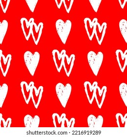 Stylish graphic seamless pattern with hearts. Red and white sketchy background for wrapping paper, fabrics, wallpapers, postcards and more.