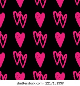 Stylish graphic seamless pattern with hearts. Black and pink sketchy background for wrapping paper, fabrics, wallpapers, postcards and more.
