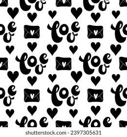 Stylish graphic seamless pattern with hearts and the inscriptions love. Black and white sketchy background for wrapping paper, fabrics, wallpapers, postcards 