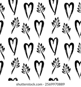 Stylish graphic seamless pattern with hearts and leaves. Black and white sketchy background for wrapping paper, fabrics, wallpapers, postcards and more.