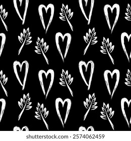 Stylish graphic seamless pattern with hearts and leaves. Black and white sketchy background for wrapping paper, fabrics, wallpapers, postcards and more.