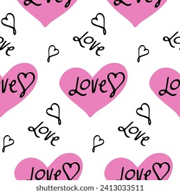 Stylish graphic seamless pattern with pink hearts and word love. Background