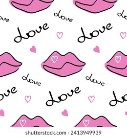 Stylish graphic seamless pattern with pink lips, hearts and word love.Background, wrapping paper