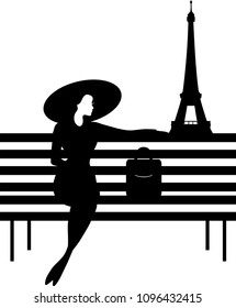 Stylish graphic silhouette of a woman on a bench in Paris. Isabelle series