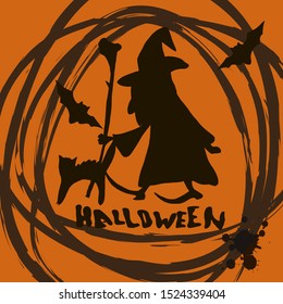 Stylish graphical grunge vector Halloween card with black silhouette of witch, bats and text Halloween.