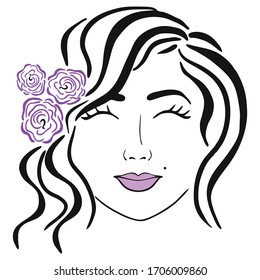 Stylish graphics portrait with a beautiful young attractive girl with flowers. Digital sketch hand drawing vector. The illustration can be used for a design magazine, flyer, poster, catalog cosmetics.